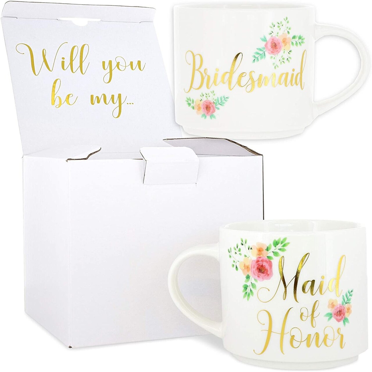 Floral Stackable Coffee Mugs, Maid of Honor and Bridesmaid (15 oz